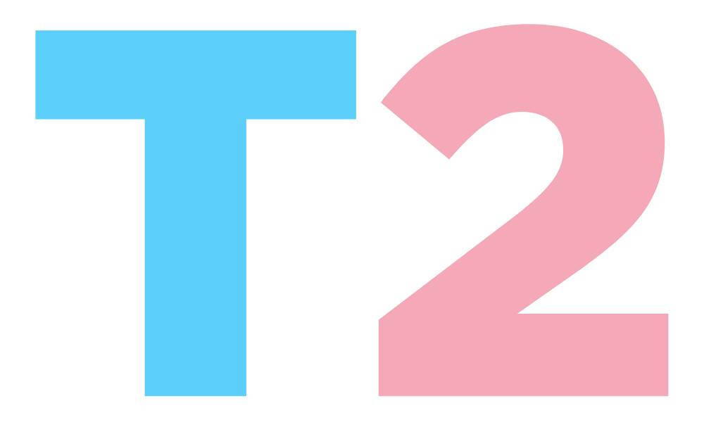 The T2 logo in light blue and pink